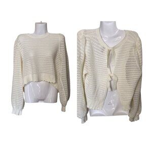 Womens White Crochet Knit Sweater‎ With Tie-Back Detail Size L H&M Boho Beachy